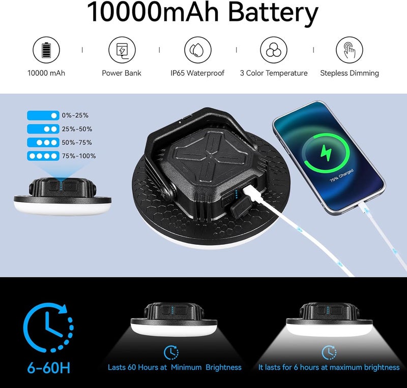 vavofo 42W LED Camping Lantern Rechargeable, 180 LED with 3 Lighting Modes, 4000LM, 10,000mAh Portable Tent Light with Magnet, IP65 Waterproof for Emergencies ,Power Outages,Hiking (Black) - Image 2